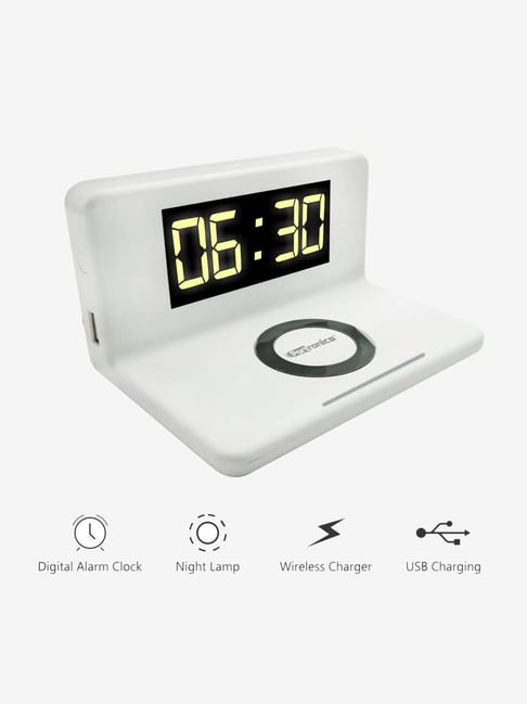 Portronics Freedom 4 POR-404 Desktop Wireless Charger with Alarm Clock & LED Lamp (White)