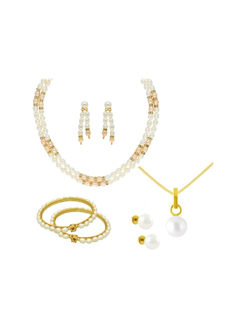 Sri Jagdamba Pearls White & Peach Alloy Necklace Set Combo-image-6