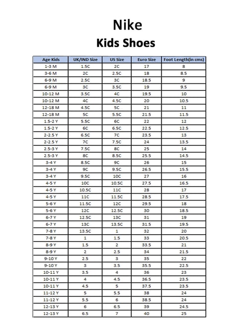 Nike 2y hot sale size chart