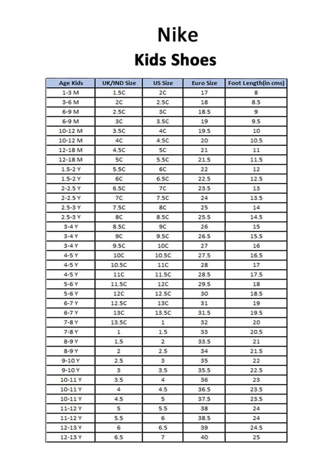 Nike 10c Size Chart Nike Kids Shoe Shoe Size 10c Age Kids Shoe