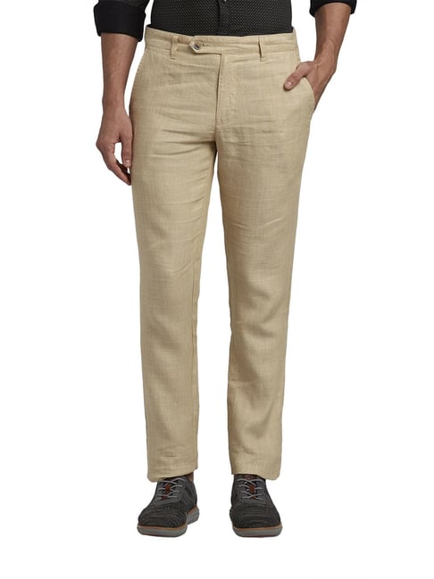 Slim Fit Taupe Matte Linen Trousers | Buy Online at Moss