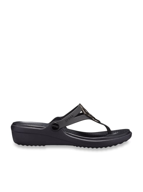 Crocs Sanrah Liquid Metallic Black Thong Wedges