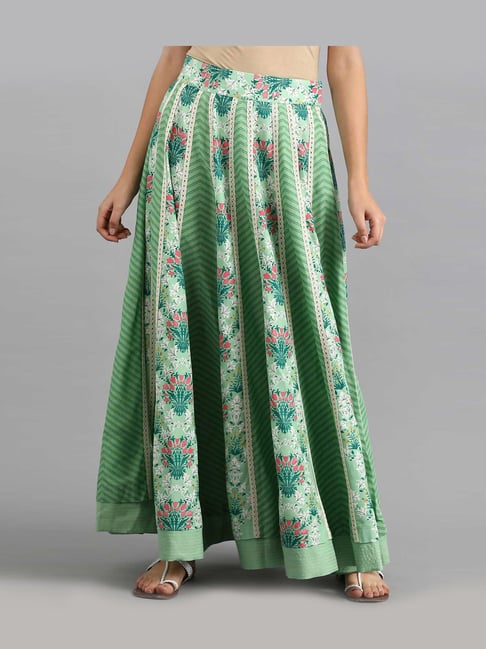 W Green Floral Print Lehenga Skirt