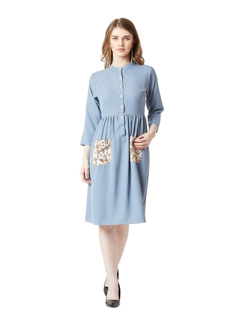 Miss Chase Dusty Blue Relaxed Fit Knee Length Dress Price in India