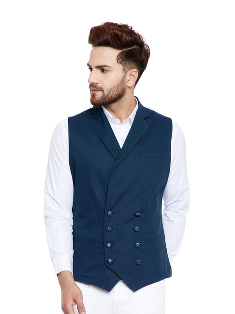 Hypernation Blue Solid Slim Fit Cotton Waistcoat