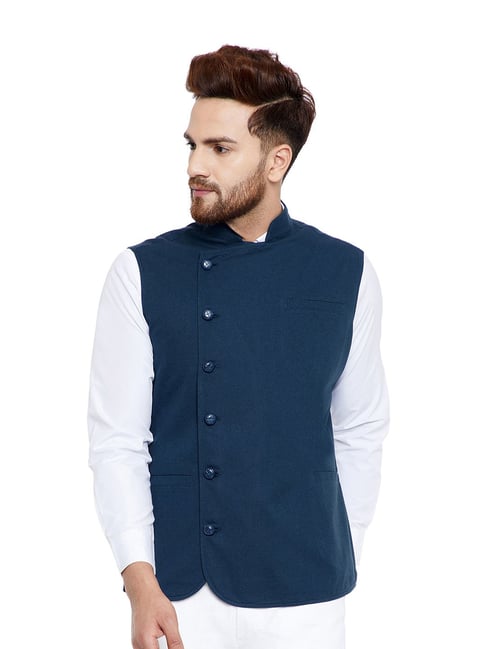 Buy Hypernation Blue Sleeveless Slim Fit Waistcoat for Men Online