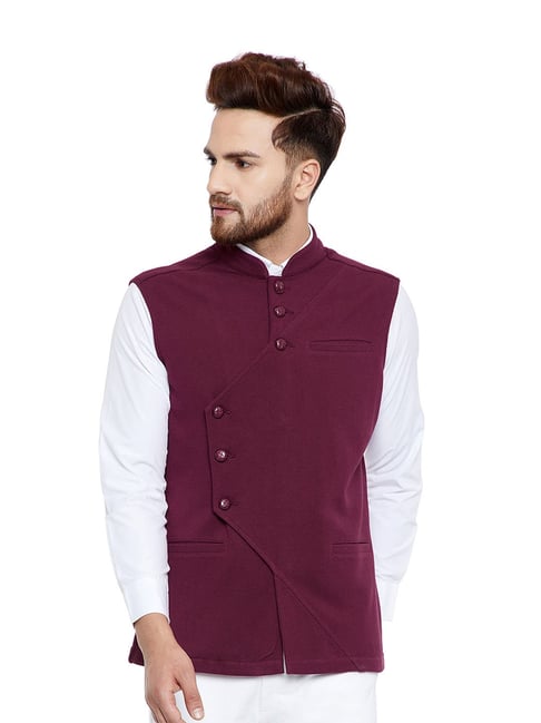 Buy Hypernation Maroon Mandarin Collar Sleeveless Waistcoat for