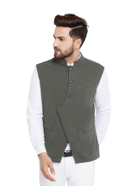 Hypernation Grey Slim Fit Cotton Solid Waistcoat