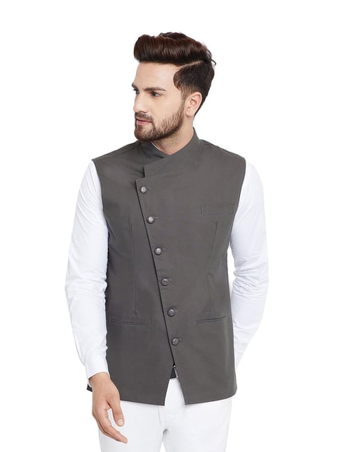 Hypernation Grey Sleeveless Solid Waistcoat