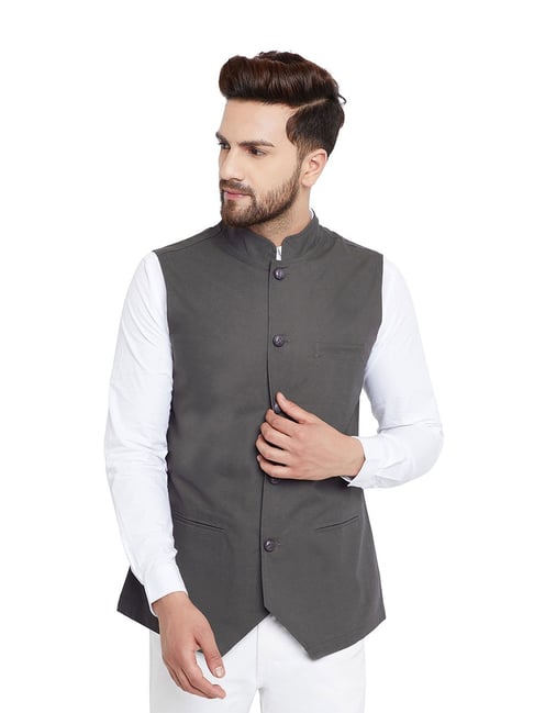 Hypernation Dark Grey Sleeveless Slim Fit Cotton Waistcoat-picture-34