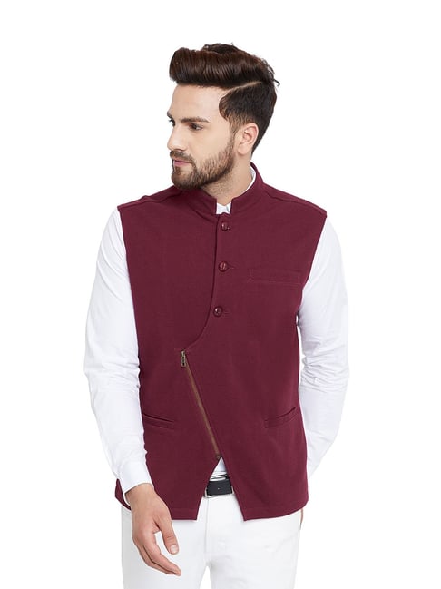 Hypernation Maroon Slim Fit Solid Waistcoat