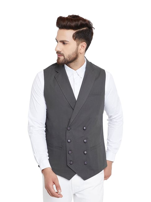 Hypernation Grey Slim Fit Solid Waistcoat