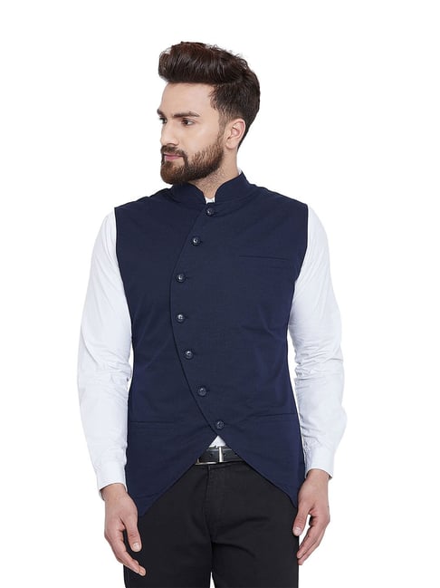 Hypernation Navy Slim Fit Printed Cotton Waistcoat-picture-22