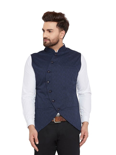 Hypernation Navy Mandarin Collar Printed Waistcoat-picture-43