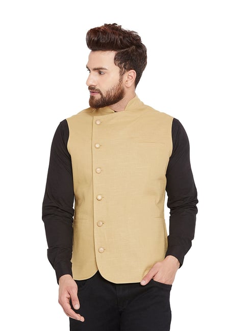 Hypernation Khaki Slim Fit Cotton Solid Waistcoat-picture-41
