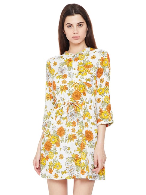 Oxolloxo White & Yellow Floral Print Bang Glam Skater Dress-picture-23