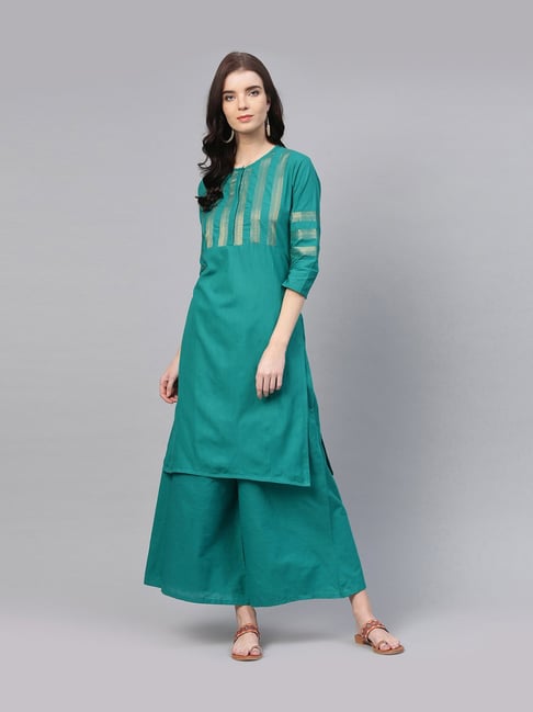 Bhama Couture Green Cotton Zari Work Kurti Palazzo Set