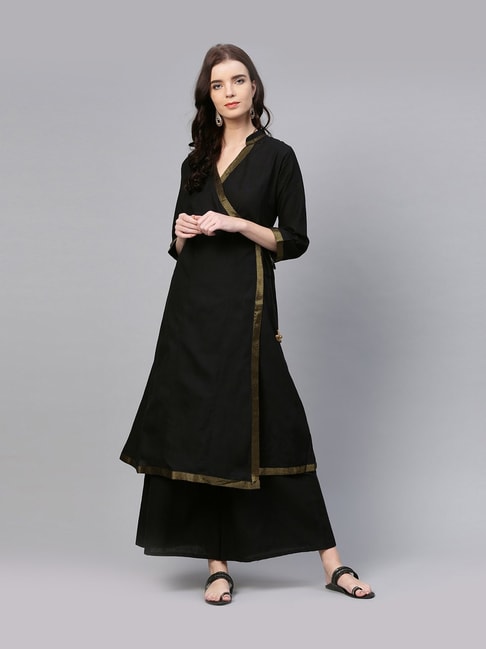 Black plain cotton long kurti with palazzo - siyani - 2966286