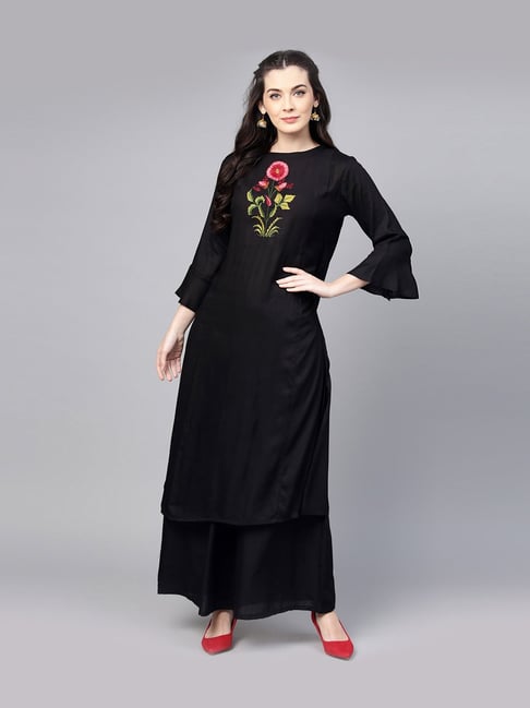 Bhama Couture Black Cotton Embroidered Kurti Palazzo Set