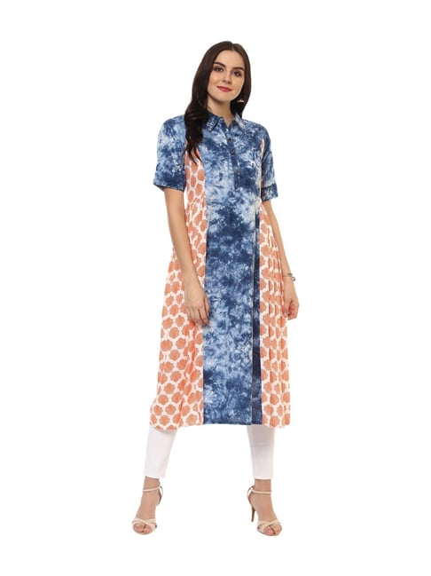 La Firangi Blue & Peach Printed Kurta