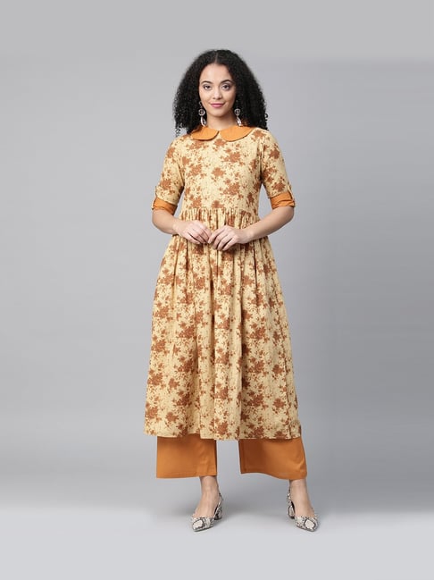 La Firangi Brown Printed Kurta With Palazzos