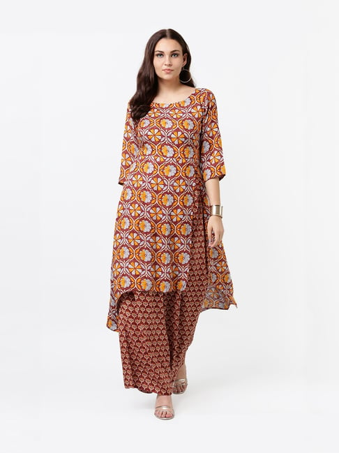 La Firangi Brown Printed Kurta With Palazzos