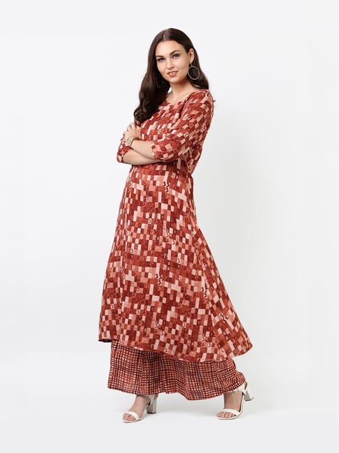 La Firangi Brown & White Printed Kurta With Palazzos