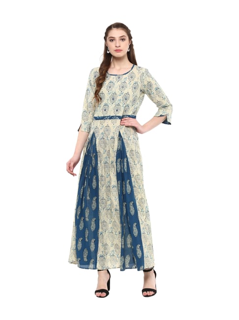 La Firangi Off White & Teal Printed Kurta