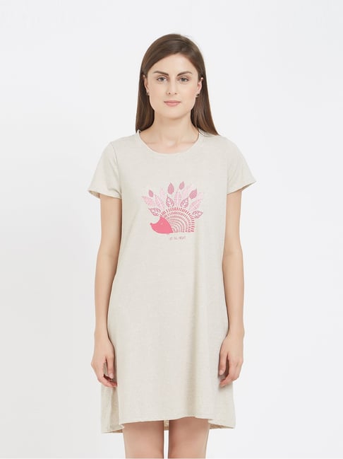 Soie Grey Cotton Printed Sleep T-Shirt