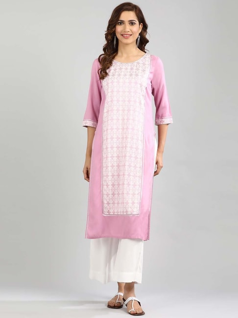 Aurelia Purple & White Woven Pattern Straight Kurta Price in India