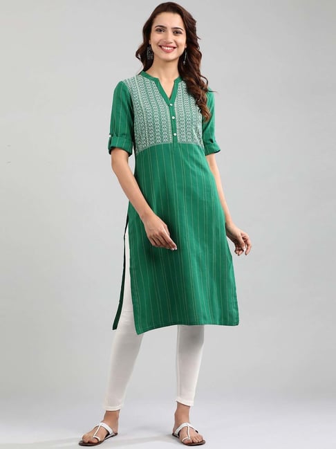 Buy AURELIA Green Stripes Cotton Collared Women's Casual Wear Kurti |  Shoppers Stop