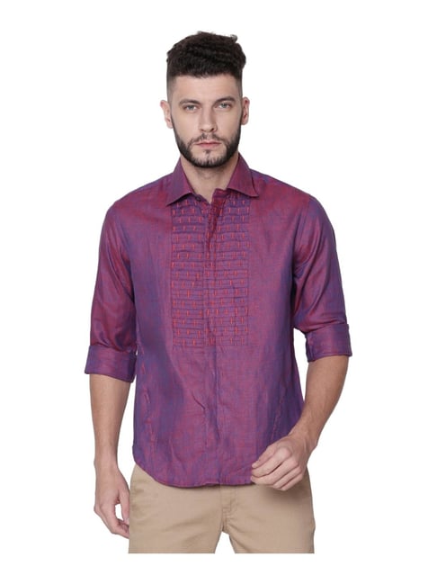 Linen Club Maroon Embroidered Shirt