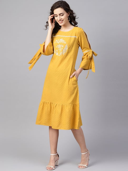Buy Jaipur Kurti Mustard Cotton Embroidered A-Line Dress for Women