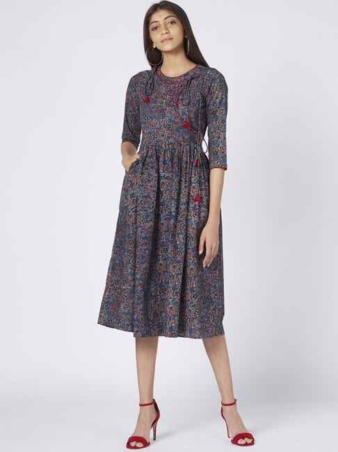 Okhai Blue Leah Pure Cotton Floral Print A-Line Dress