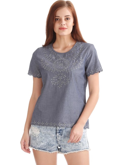 Flying Machine Grey Embroidered Top