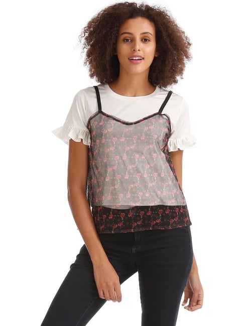 Flying Machine Black & White Lace Twofer Top