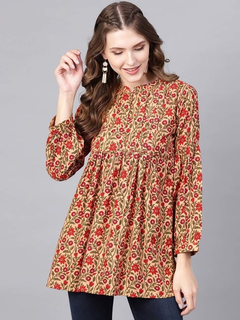 Gerua Beige & Red Printed A Line Kurti Price in India