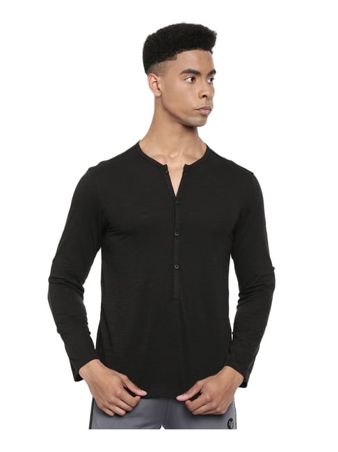 2GO Black Full Sleeves Henley T-Shirt 