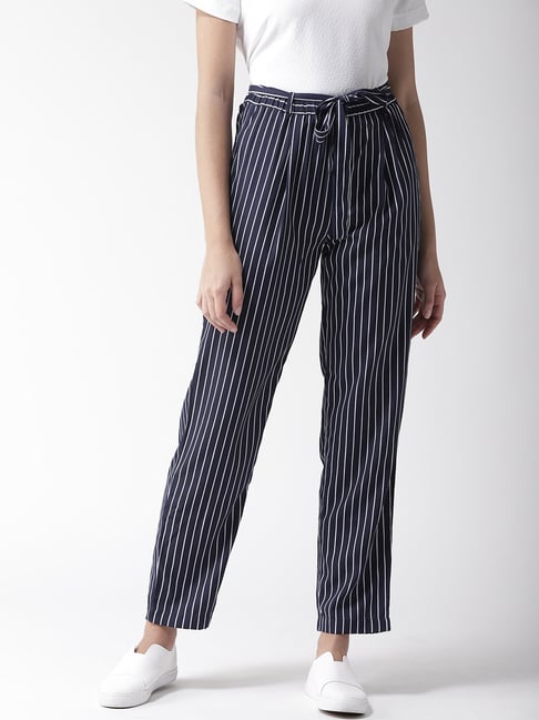 navy white striped trousers