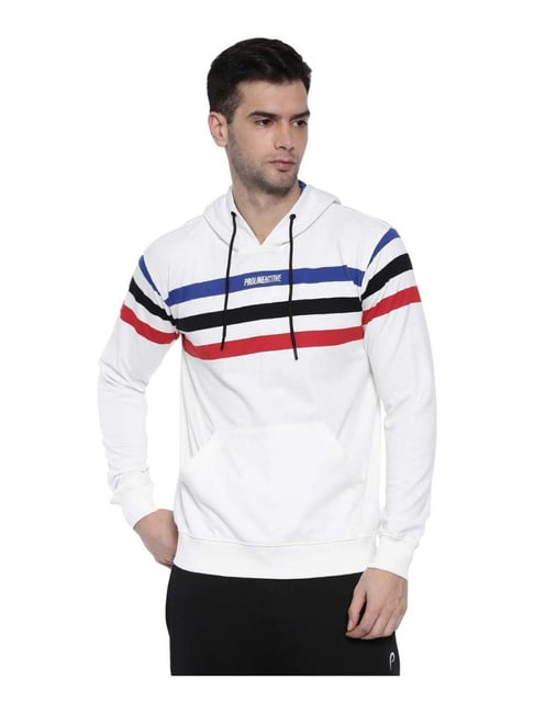 Proline Off White Regular Fit Striped Hooded Sweatshirt