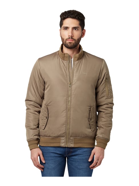 Beige Polyester High Neck Jacket 