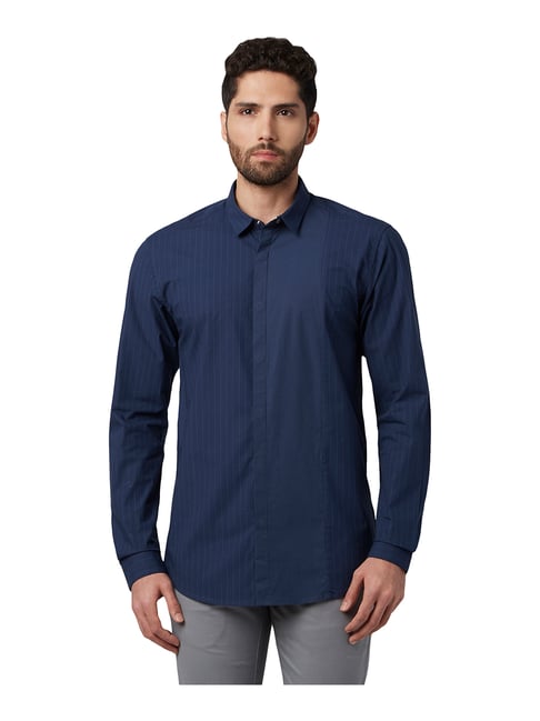 Park Avenue Blue Slim Fit Striped Shirt