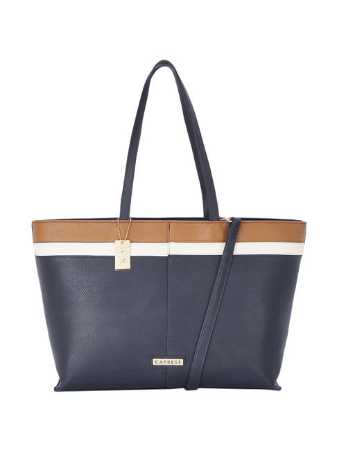 Caprese Navy & Tan Paneled Large Tote Handbag