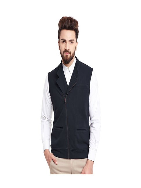 Buy Hypernation Navy Blue Slim Fit Cotton Waistcoat for Men Online