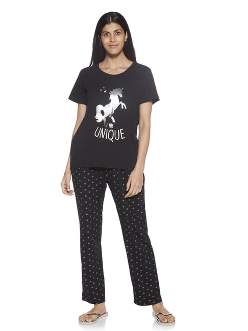Buy Wunderlove by Westside Black Printed T-Shirt And Pyjama Set