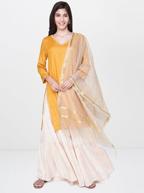 Buy Global Desi Mustard And Off White Embellished Garara Set For Women Online Tata Cliq 