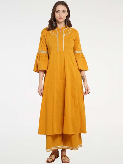 Bhama Couture Mustard Cotton Kurti Palazzo Set