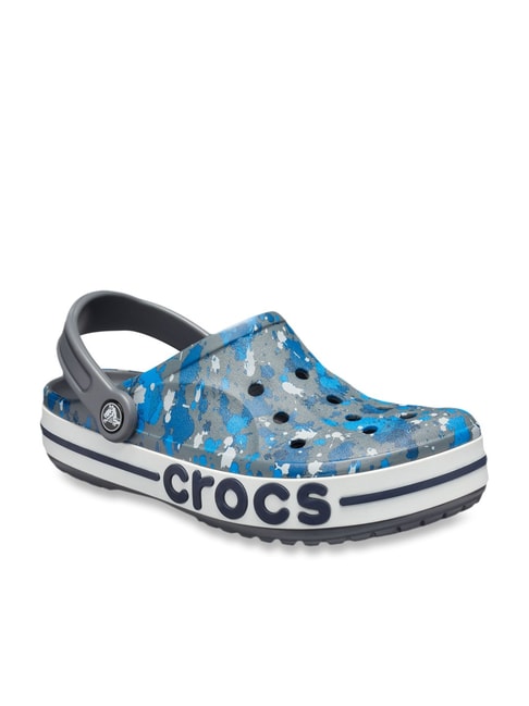 grey and blue crocs