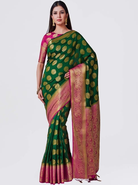 Mimosa Green Woven Kanchipuram Saree With Blouse Price in India