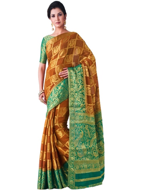 Mimosa Brown Woven Kanchipuram Saree With Blouse Price in India